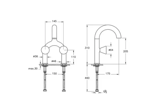 Image de Liquid Mitigeur lavabo pour lavabos avec 2 trous de robinet (Noir brillant)