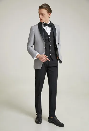 Image de Ds Damat Slim Fit Gri Armürlü Damatlık & Smokin Yelekli Takim Elbise