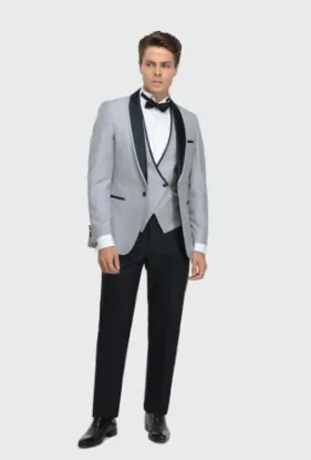 Image de Ds Damat Slim Fit Gri Jakar Desenli Smokin Yelekli Takim Elbise