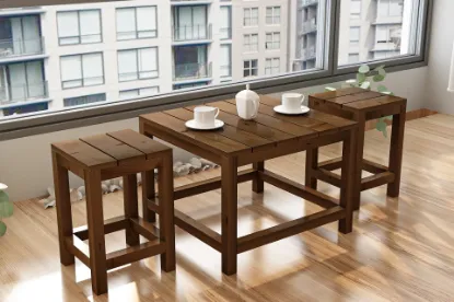 Image de GİVAYO WOOD'S ARES ÇAM BAHÇE BALKON MUTFAK MASASI, ÜÇLÜ SET, CEVİZ