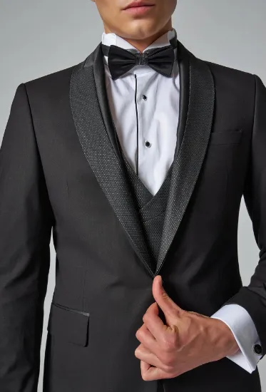 Image de Ds Damat Slim Fit Siyah Düz Smokin Yelekli Takim Elbise