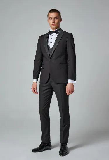 Image de Ds Damat Slim Fit Siyah Düz Smokin Yelekli Takim Elbise