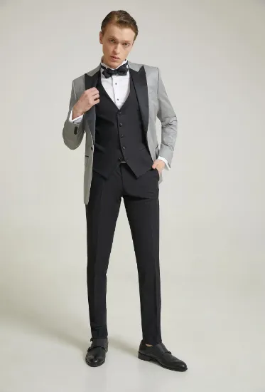 Image de Ds Damat Slim Fit Gri Armürlü Smokin Yelekli Takim Elbise