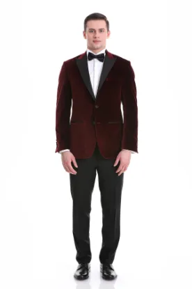 Image de Bordo Slim Fit Düz Sivri Yaka Kadife Klasik Smokin Damatlık