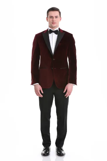 Image de Bordo Slim Fit Düz Sivri Yaka Kadife Klasik Smokin Damatlık