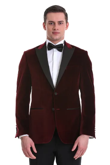 Image de Bordo Slim Fit Düz Sivri Yaka Kadife Klasik Smokin Damatlık