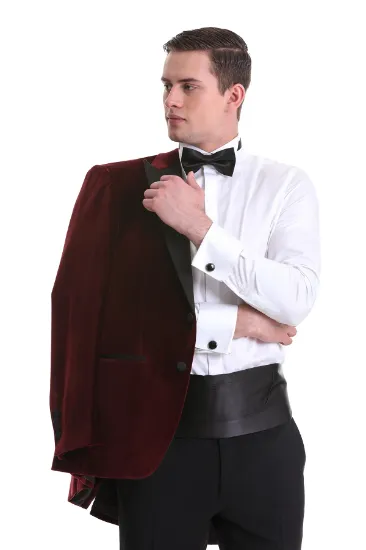 Image de Bordo Slim Fit Düz Sivri Yaka Kadife Klasik Smokin Damatlık