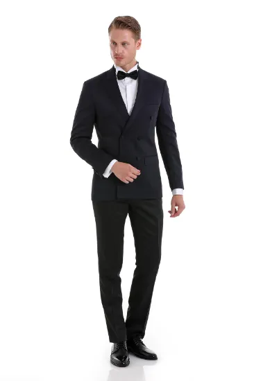 Image de Lacivert Slim Fit Düz Sivri Yaka Klasik Kruvaze Smokin Damatlık