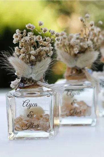 Image de Cipso, lampe à huile décorée de plantes de coton et de coquillages, bouteille en verre carrée marron, bonbons de mariage