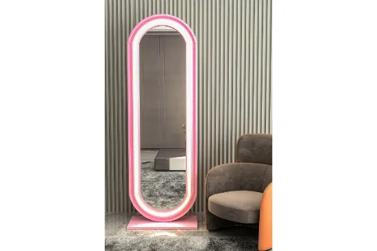 Image de GİVAYO WOOD'S NEON LED IŞIKLI ÇERÇEVELİ BOY AYNASI, PEMBE, 160X55 