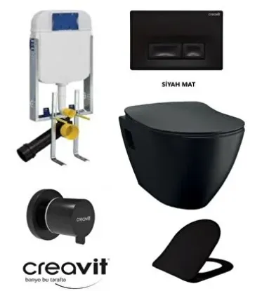 Image de Creavit Tp325 Siyah Mat Asma Klozet Set + Duck Yavaş Kapanır Kapak Siyah Mat 5 Parça Set