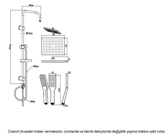 Image de Creavit Sh630 Siyah Yağmurlama Robot Tepe Duş Başlığı Seti Duş Takımı