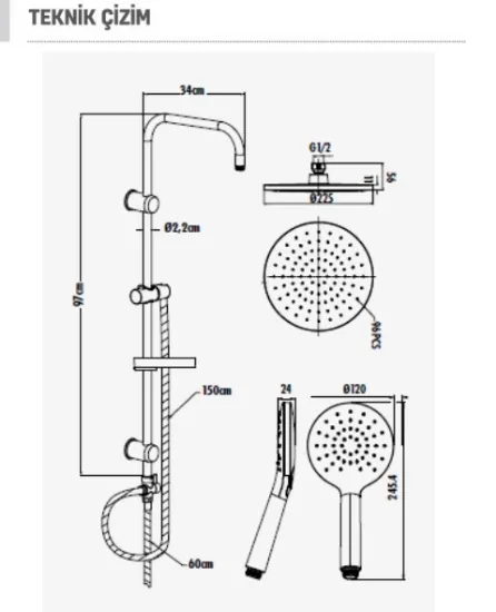 Image de Sh640 Tepe Duş Sistemi Krom Oval