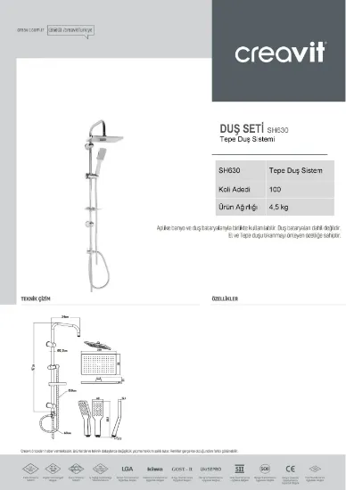 Image de Creavit Sh630 Yağmurlama Robot Tepe Duş Başlığı Seti Duş Takımı