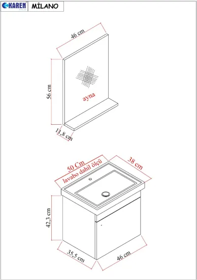 Image de Karen Banyo Milano 50 Cm Lavabolu Banyo Dolabı,Lavabo Dahil, Ayna dahil,Sonomo Meşe