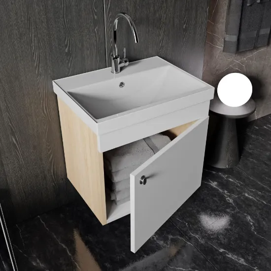 Image de Karen Banyo Milano 50 Cm Lavabolu Banyo Dolabı,Lavabo Dahil, Ayna dahil,Sonomo Meşe