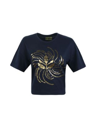 Image de Fenerbahçe Lacivert Trend Varak Baskılı Kadın Oversize Crop Tshirt