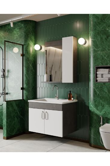 Image de KAREN BANYO Gümüş 65 Cm Lavabolu Banyo Dolabı Retro Gümüş-beyaz Lavabo Dahil