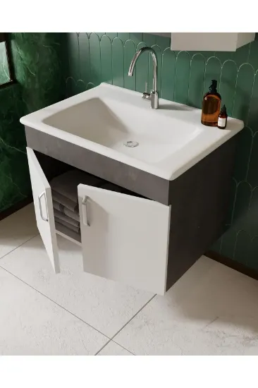 Image de KAREN BANYO Gümüş 65 Cm Lavabolu Banyo Dolabı Retro Gümüş-beyaz Lavabo Dahil