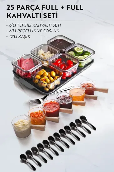 Image de KİTCHEN LİFE 25 Parça Full Sunum Kahvaltı Seti (6 1 KAHVALTILIK 6 + 1 AHŞAP SAPLI REÇELLİK SOSLUK X12 KAŞIK