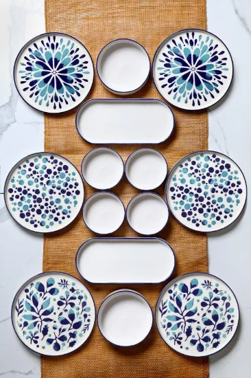 Image de KİTCHEN LİFE 14 Parça 6 Kişilik Stackable Blue Etnik Kahvaltı Takımı - Lüx Kahvaltılık Sunum Seti Tabağı