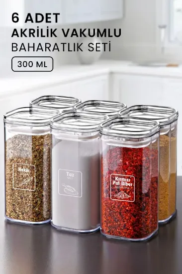 Image de KİTCHEN LİFE Etiketli 6'li Akrilik Vakumlu Kare Baharatlık Seti 300 ML -Sızdırmaz Kapaklı Baharatlık Takımı