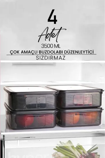 Image de KİTCHEN LİFE 4 Adet 3,5 Litre Buzdolabı İçi Düzenleyici Dikdörtgen Erzak Saklama Kabı Seti - Organizeri 3500ml