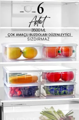 Image de KİTCHEN LİFE 6 Adet 3,5 Litre Buzdolabı İçi Düzenleyici Dikdörtgen Erzak Saklama Kabı Seti - Organizeri 3500ml