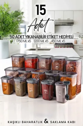 Image de KİTCHEN LİFE 15'li Etiketli Kare Erzak Saklama Kabı Ve Kaşıklı Baharatlık Seti - (1750ML 1200ML 400 ML)