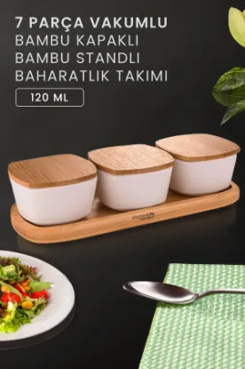 Image de KİTCHEN LİFE 7 Parça Bambu Kapaklı Porselen Hüma Baharat Seti - Baharat Takımı - 120 ml