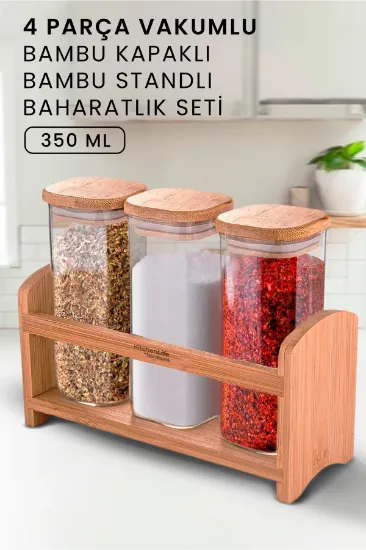 Image de KİTCHEN LİFE 4 Parça Standlı Bambu Kapaklı Tezgah Üstü Baharat seti - Baharat Takımı - 350 ml