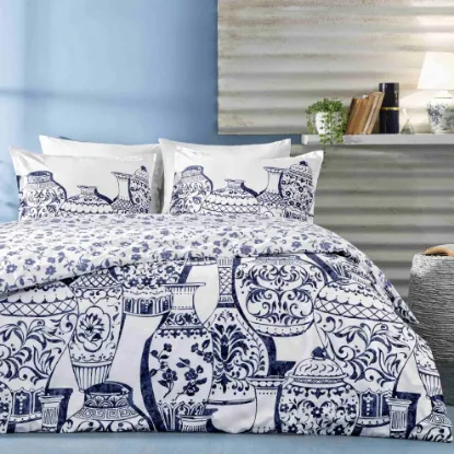 Image de Linens Allday Tuscan Pamuk Saten Çift Kişilik Nevresim Takımı Mavi