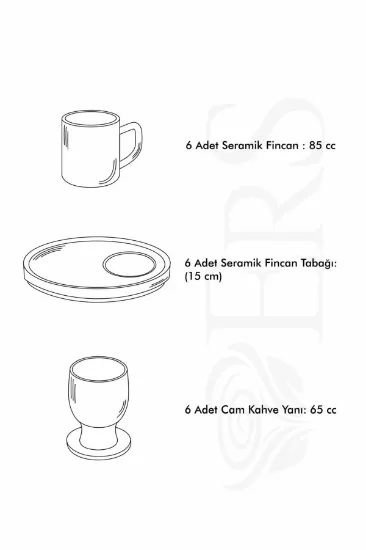 Image de Erbaşlar Sunum Tabaklı, Kahve Yanı Bardaklı 18 Parça 6 Kişilik Kahve Fincan Takımı Seti