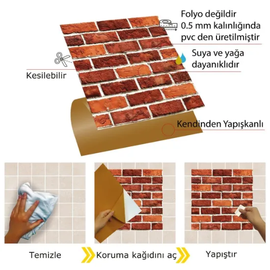 Image de Kendinden Yapışkanlı Kırmızı Tuğla Desenli 30x30 cm