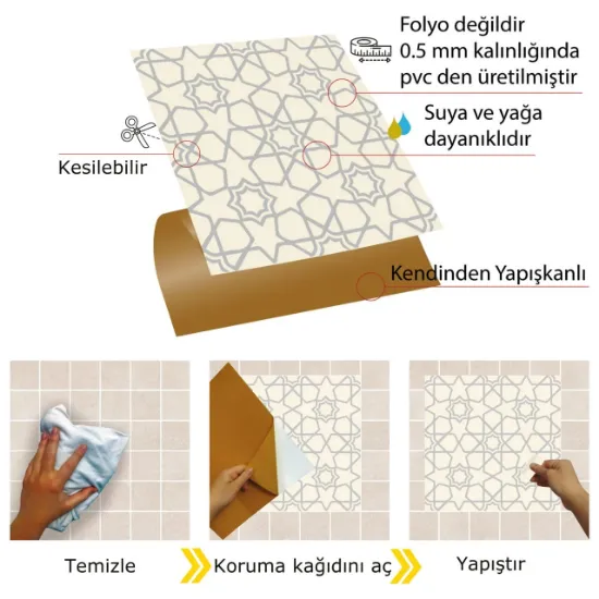 Image de Kendinden Yapışkanlı Gümüş Selçuklu Yıldızı Desenli 30x30 cm