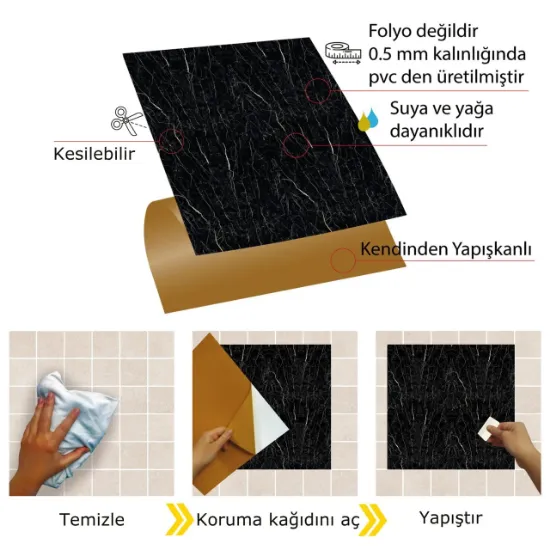 Image de Kendinden Yapışkanlı Siyah Mermer Desenli 30x30 cm